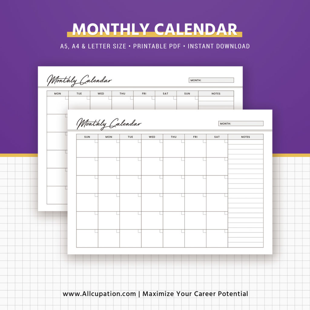 Undated Monthly Calendar, Monthly Planner, A5 Planner Inserts, Planner